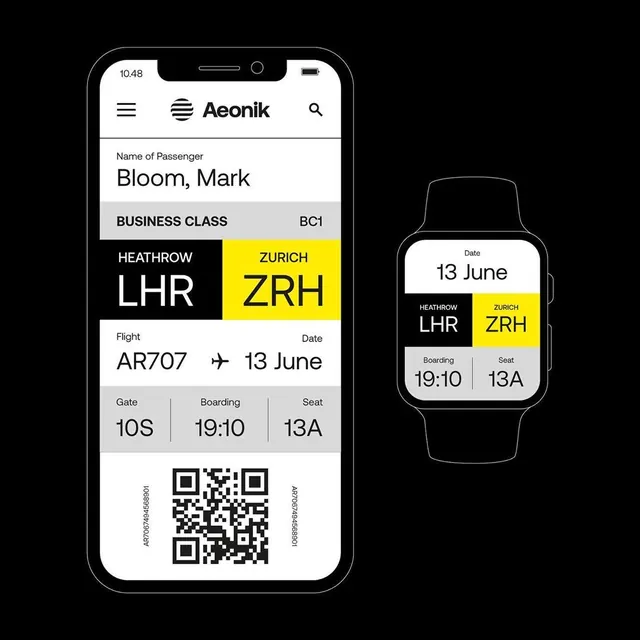 Aeonik Boarding Pass UI, minimal, corporate-clean, high-contrast
