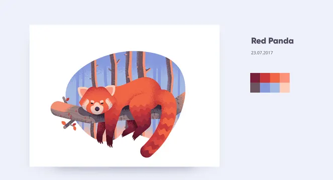 Red Panda Illustration and Color Palette, playful, flat, vibrant