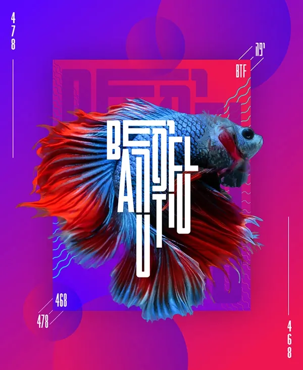 Abstract Graphic with Fish Illustration, maximalist, geometric, vibrant