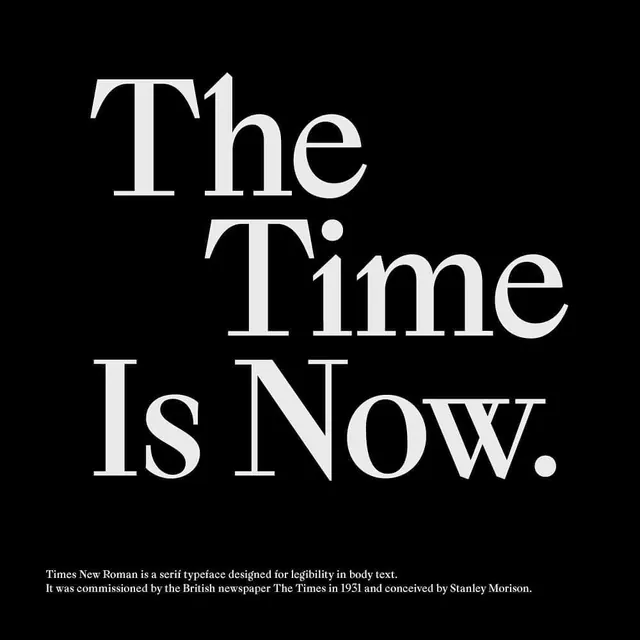 The Time Is Now typography specimen, minimal, editorial, dark