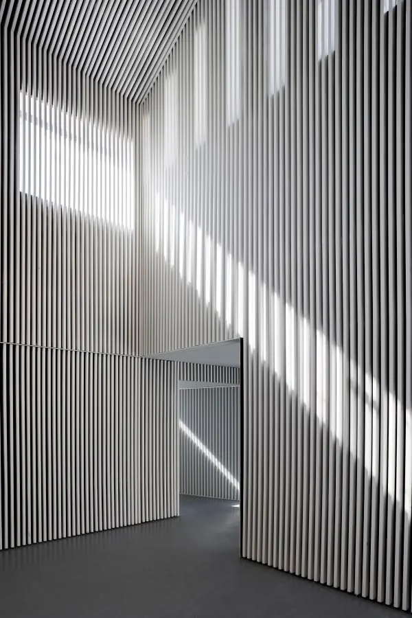 Architectural Interior with Linear Shadows, minimal, swiss, monochrome