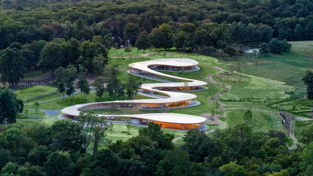 Modern Architectural Complex in Forest, organic, minimal, earthy