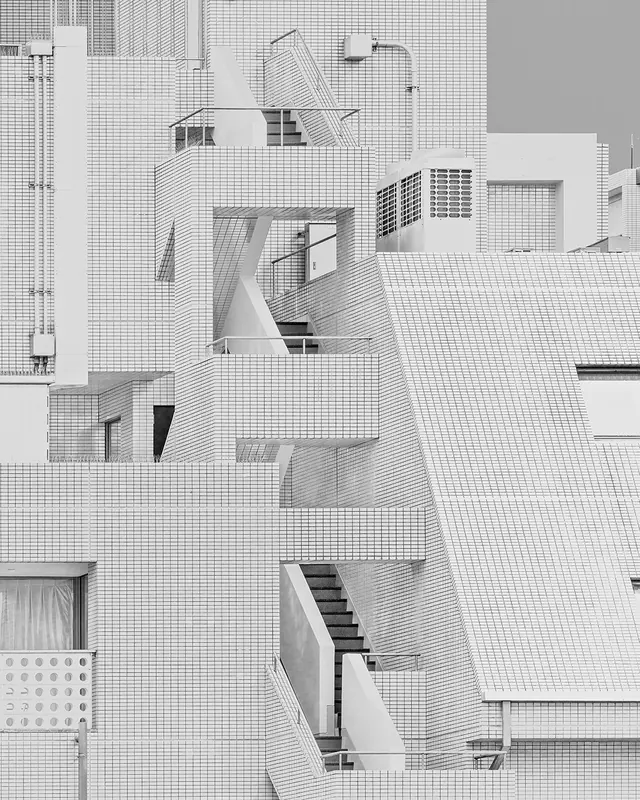 White tiled modernist stairs, minimal, geometric, light