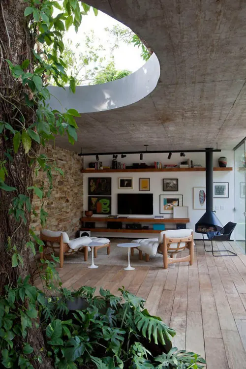 Modernist Interior with Courtyard, minimal, organic, warm