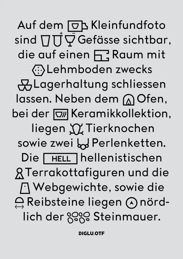 German typography specimen with object icons, minimal, monochrome, light