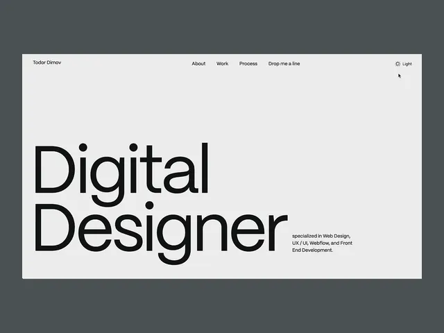 Portfolio hero with oversized sans-serif headline, minimal, light-mode, light