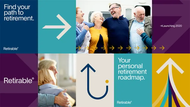 Retirement planning infographic with directional arrows, flat, corporate-clean, cool