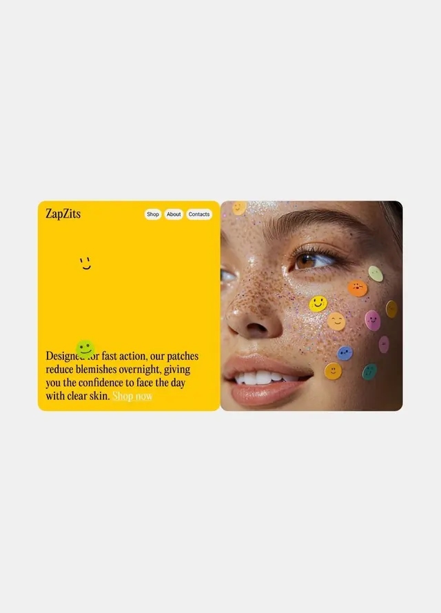 ZapZits skincare split-panel advertisement, minimal, playful, vibrant