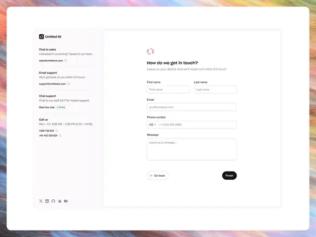 Clean contact form with side panel navigation, minimal, light-mode, light