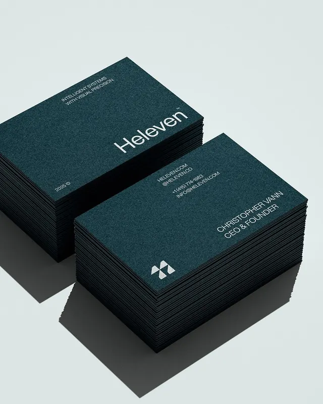 Teal business cards stacked in isometric view, minimal, corporate-clean, cool