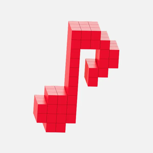 Isometric 3D musical note in bright red blocks, geometric, 3d-render, vibrant