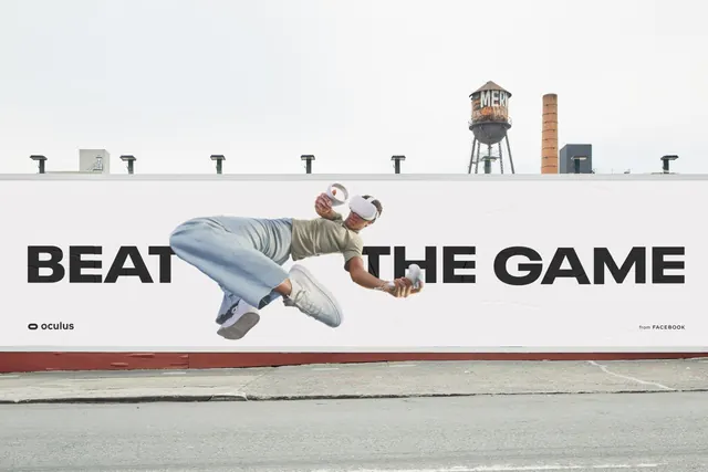 VR headset outdoor billboard with action pose, photographic, gradient-heavy, light
