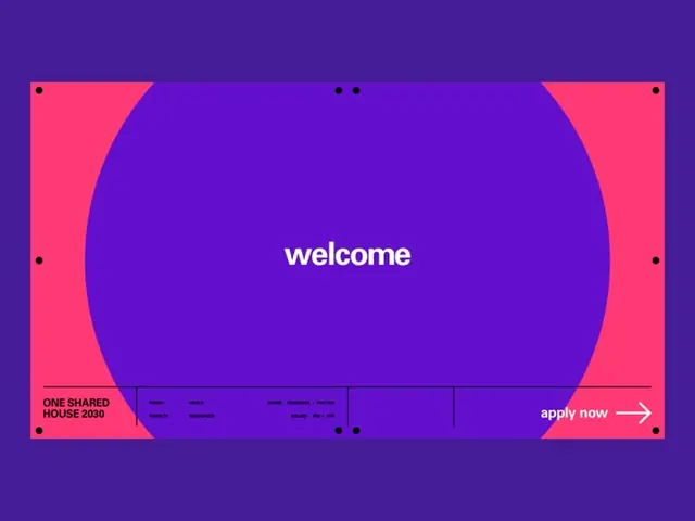 Welcome screen with neon magenta curves, minimal, gradient-heavy, dark