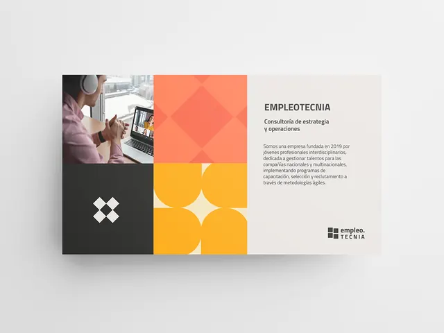Dark and warm split composition with geometric accent blocks, minimal, corporate-clean, light