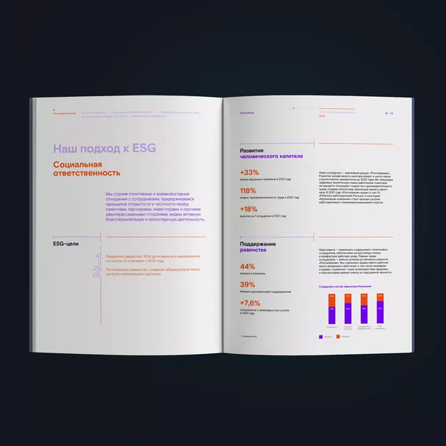 Corporate ESG report with data visualization and colored accent bars, corporate-clean, minimal, light
