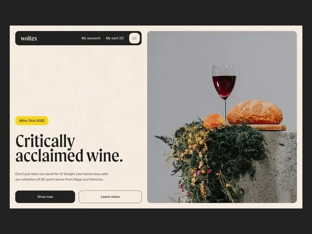 Split-layout wine product page with bold product hero, corporate-clean, photographic, high-contrast