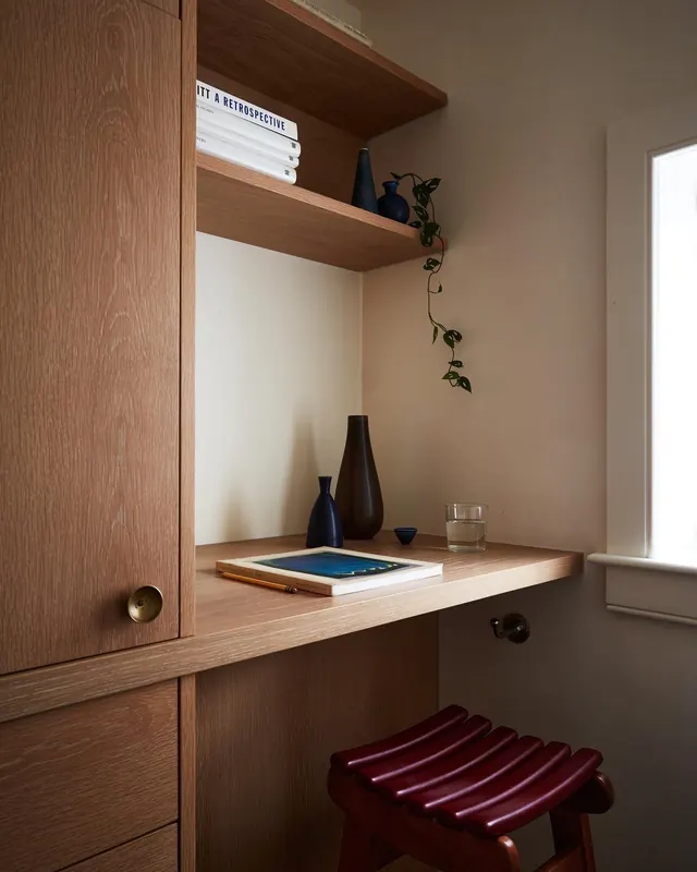 Warm timber built-in nook styling, minimal, boxed, warm