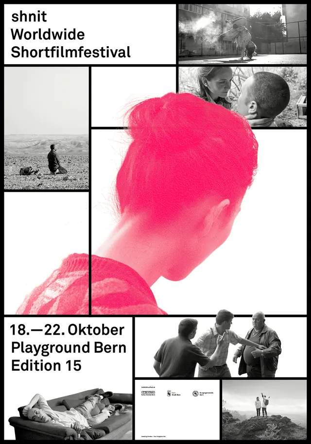 Swiss-style film festival poster with grid, grayscale photographs, and neon pink overlay, swiss, neo-brutalist, dark