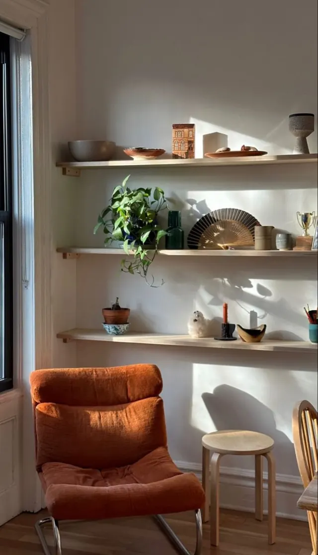 Warm-toned shelf styling with decorative objects and plants, photographic, organic, warm