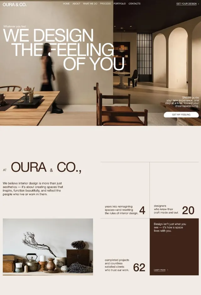 Interior design studio website hero and about section, editorial, corporate-clean, warm