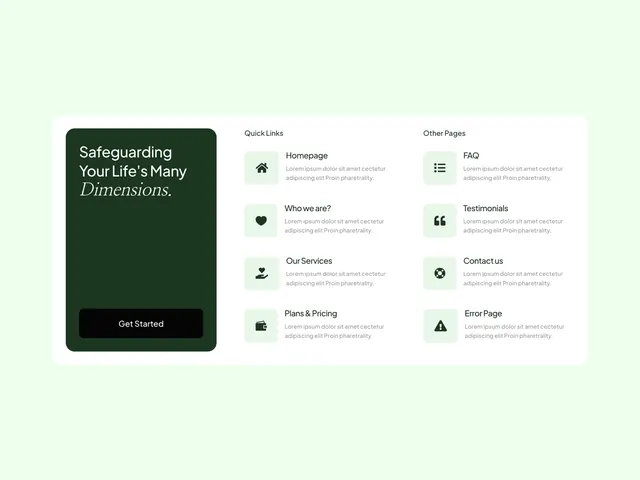 Health platform sitemap with icon cards, minimal, corporate-clean, light