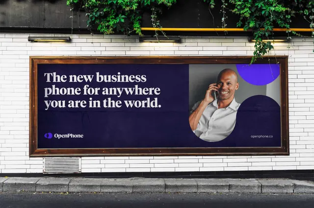 Outdoor business phone billboard with portrait, corporate-clean, minimal, dark