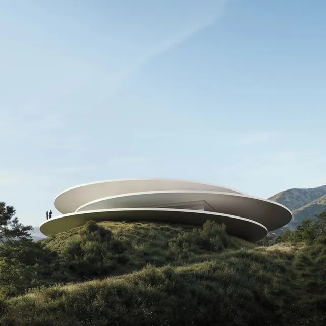Futuristic Oval Pavilion, minimal, 3d-render, light
