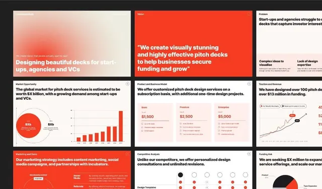 Startup pitch deck grid layout, corporate-clean, boxed, high-contrast