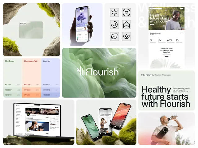 Flourish wellness app brand system collage, minimal, organic, light