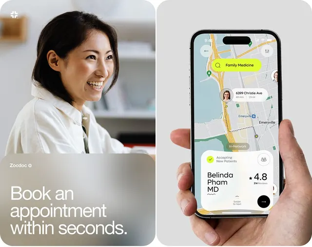 Healthcare app booking interface mockup, minimal, corporate-clean, light