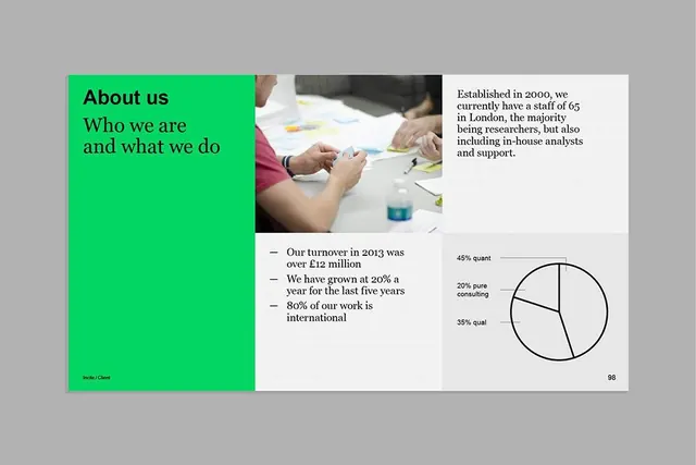 About us page: neon green left panel with research photos and metrics, corporate-clean, minimal, monochrome