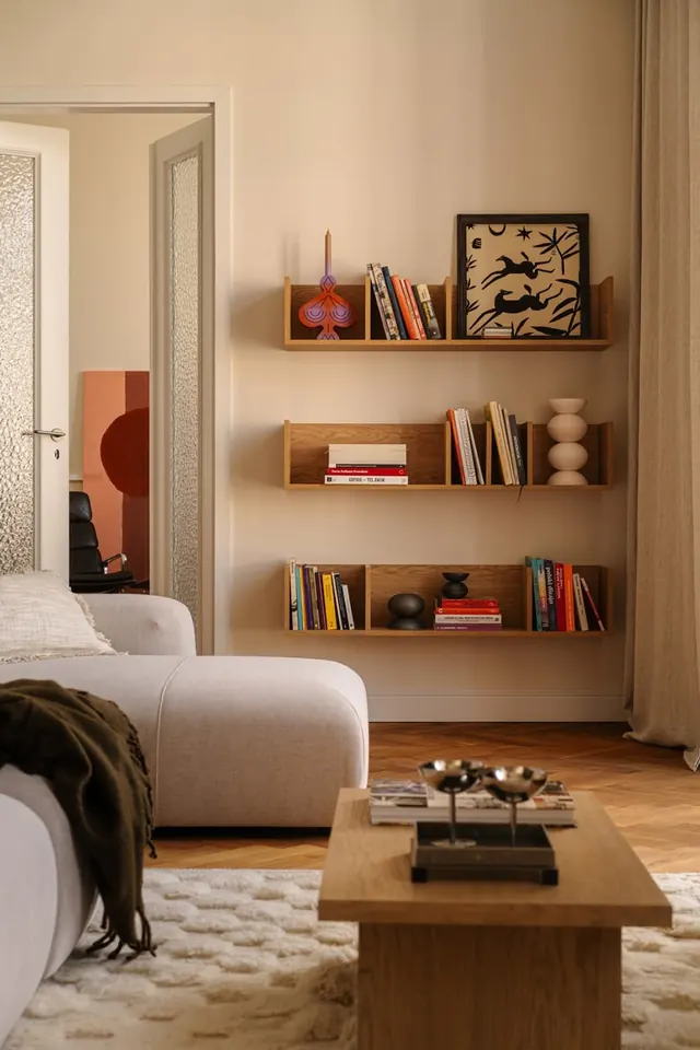 Warm residential interior with styled shelving and warm neutrals, organic, photographic, warm