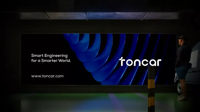 Toncar automotive OOH billboard with blue flowing geometry, abstract, minimal, dark