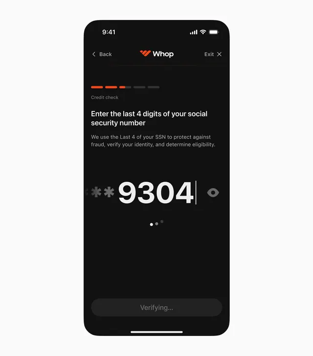 Mobile identity verification screen with SSN input, minimal, dark-mode, dark
