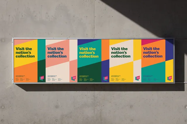 Museum exhibition banner series with rotating color-blocking palette, minimal, corporate-clean, warm