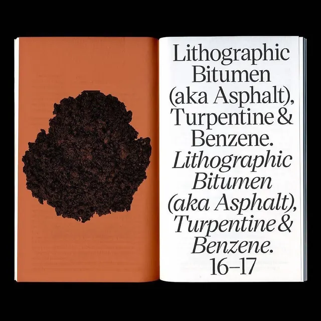 Type specimen spread with granular sample, minimal, technical, dark