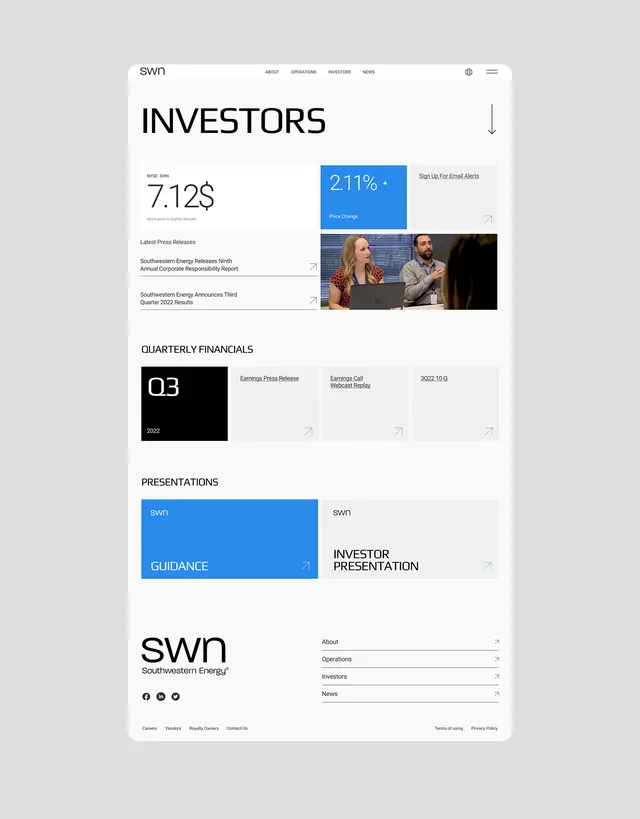 SWN investor relations hub: KPI hero with guidance and quarterly cards, corporate-clean, minimal, light