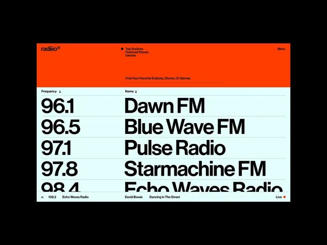Radiio FM stations list interface, minimal, technical, dark
