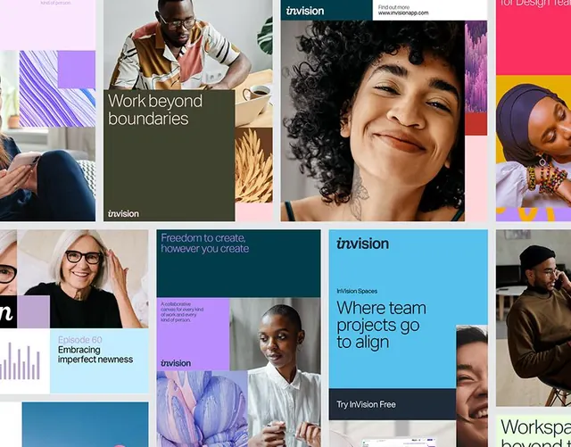 InVision brand collage with mosaic photography grid, corporate-clean, minimal, cool