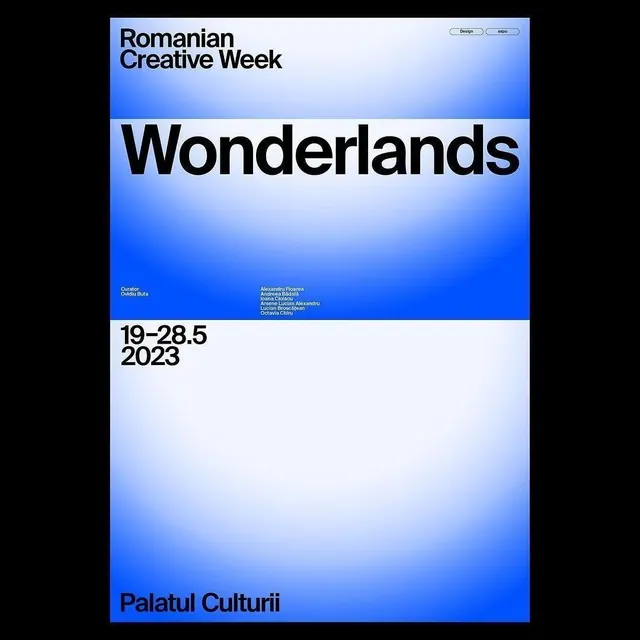 Romanian Creative Week blue-gradient poster, minimal, gradient-heavy, light