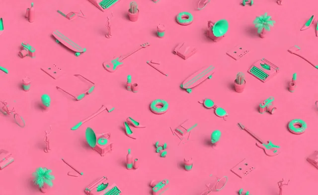 Vibrant pink 3D flat-lay of retro objects, playful, 3d-render, vibrant
