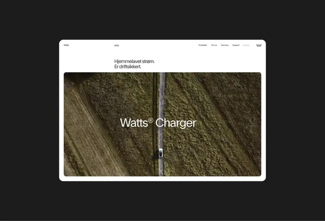Watts EV charger product site hero, minimal, photographic, dark