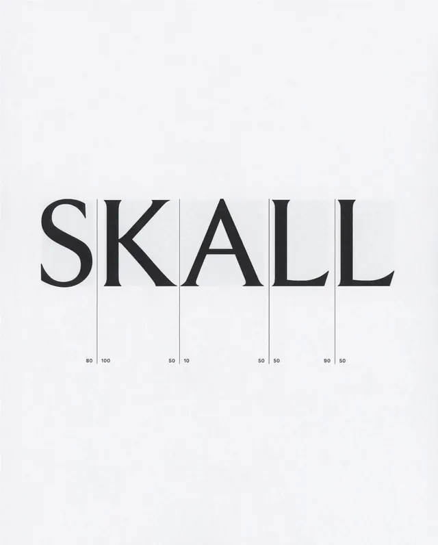SKALL bold typography specimen with measurements, minimal, editorial, monochrome