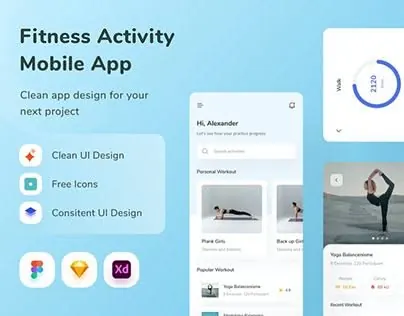Fitness app UI promotional mockup, flat, minimal, light