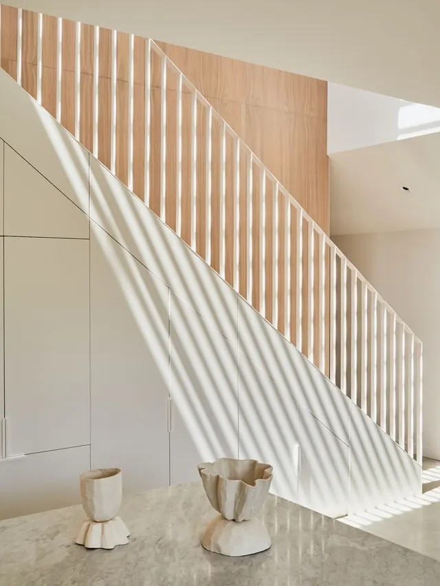 Architectural Interior with Slatted Wood and Fabric, minimal, luxury, light