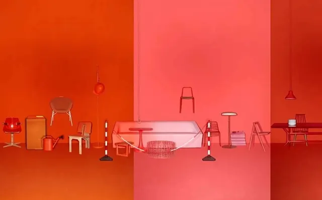 Monochromatic Red Furniture Composition, minimal, geometric, vibrant