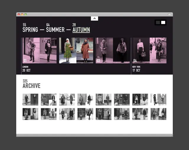 Fashion Archive Layout, minimal, corporate-clean, high-contrast
