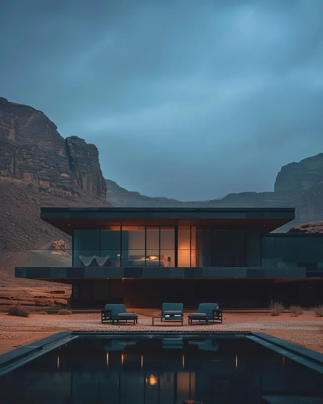 Modern Architectural Villa at Dusk, minimal, luxury, dark