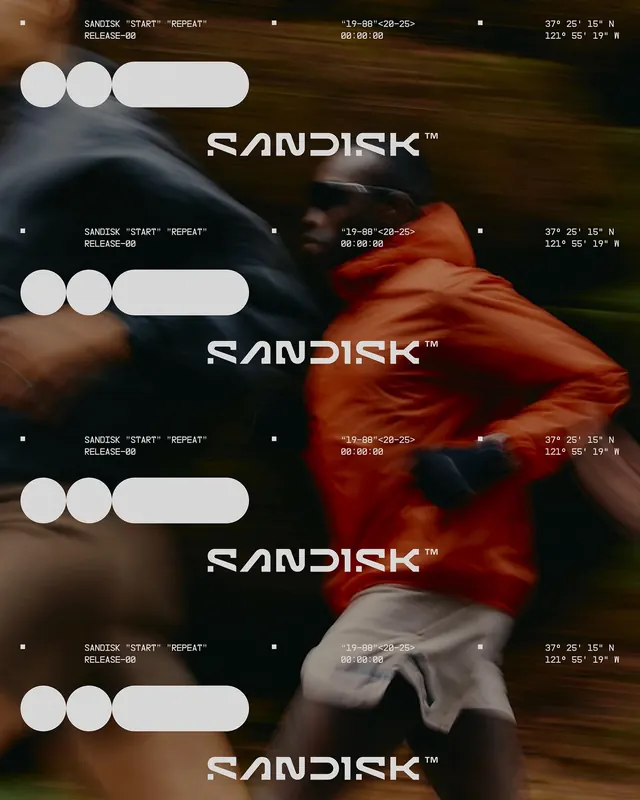 Sandisk Branding Mockup, brutalist, technical, dark