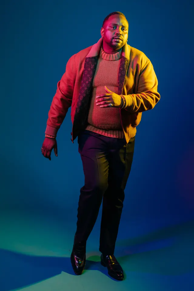 Studio Portrait with Blue Lighting, photographic, vibrant